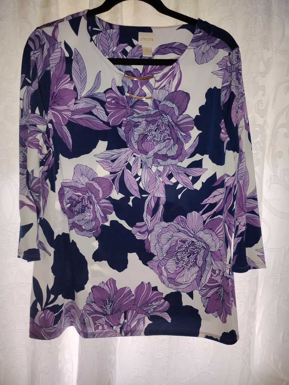 Chico's Navy and Purple Floral Tunic Top